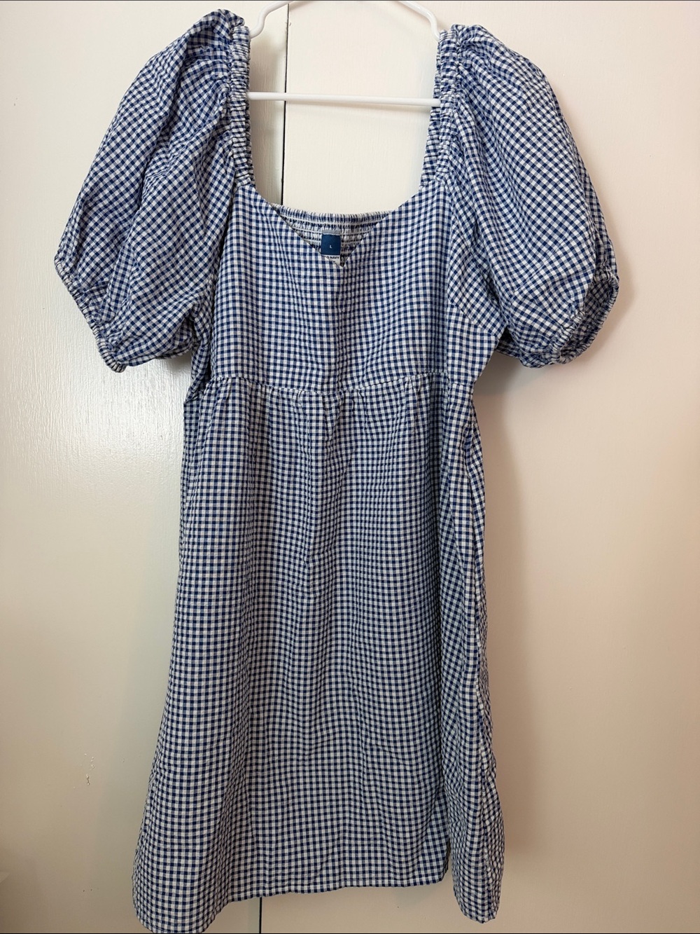 Blue Gingham Cotton Seersucker Puff Sleeve Mini Dress